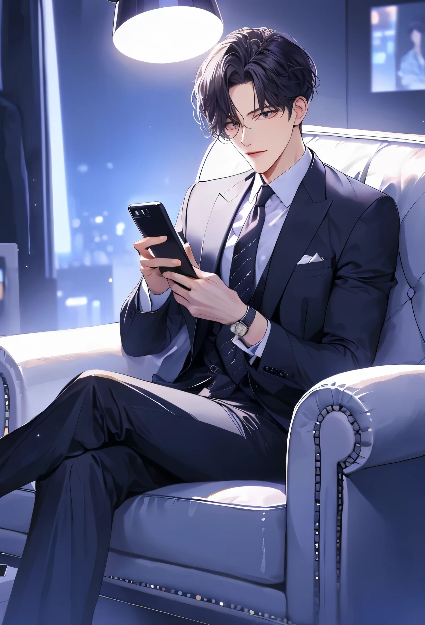 Handsome, Korean idol man, super detailed, super detailed information, single, sitting on the couch in the studio, looking at the audience, suit and tie, dark hair, messy bangs, hairstyle, gentleman, holding a cell phone, movie light,