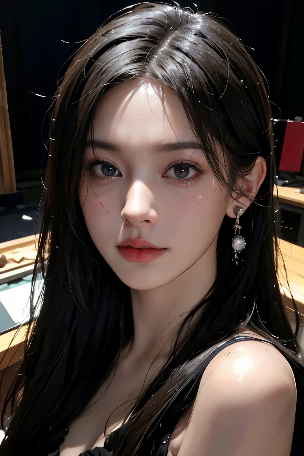 A woman with long black hair and earrings posing for a picture - SeaArt AI