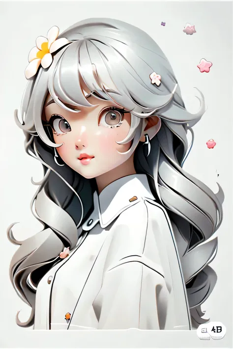 monochrome, grayscale, there are no humans, white background,symbol,、stainless、Metal、light、3ｄ、4ｄface shape and features: start、outline a round face。Draw big eyes、Add soft eyebrows below。Don&#39;Don&#39;t forget about the small nose and plump lips。 Hairstyl...