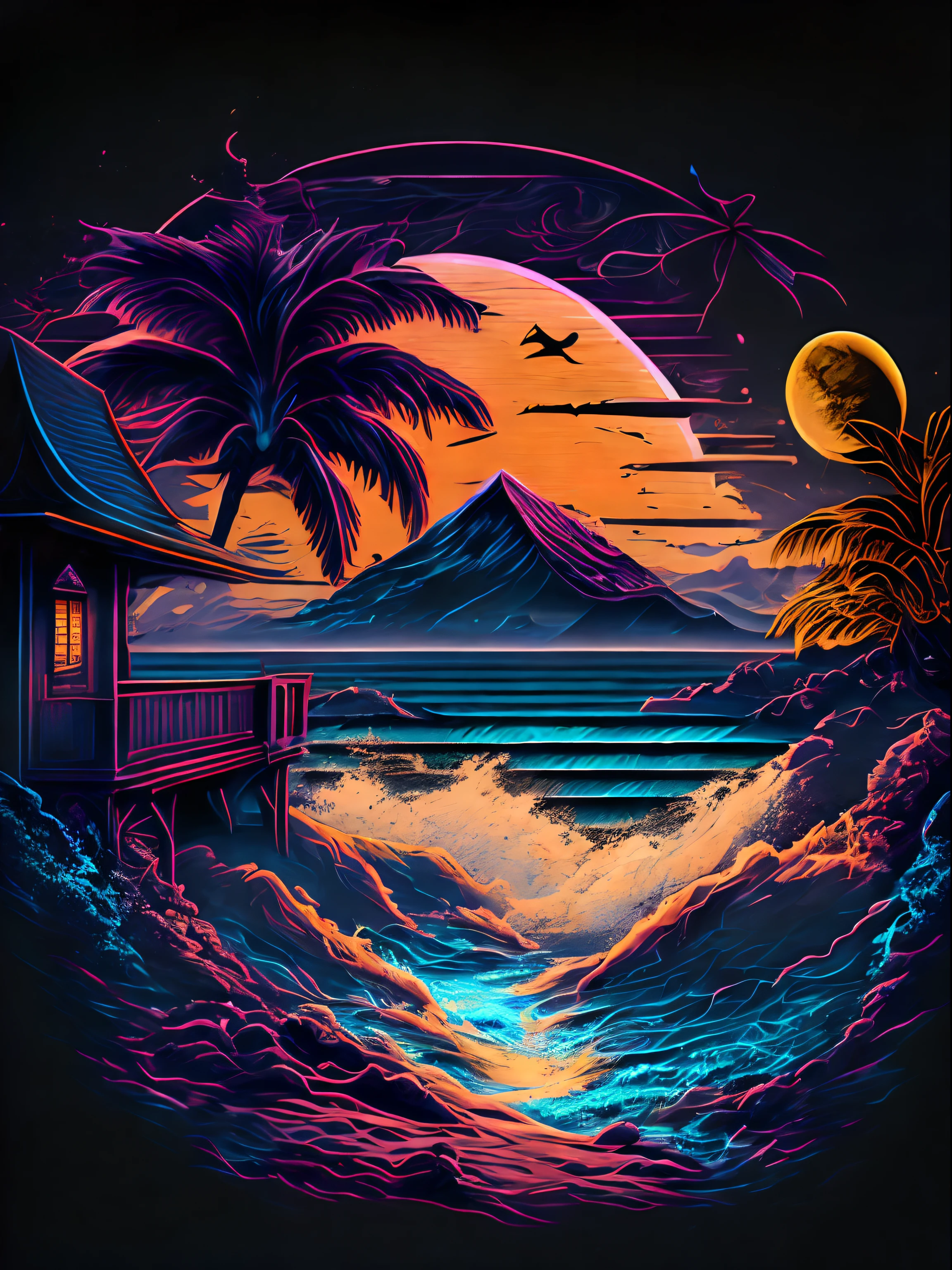 Praia à noite, (com fundo preto)，Design de camiseta, meio da jornada, arte vetorial, Hidro74