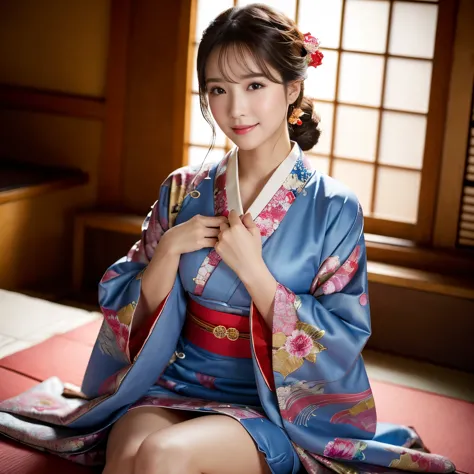 ((highest quality, table top, Super high resolution、the most complex and detailed depiction))、1 woman、Wearing a luxurious kimono...