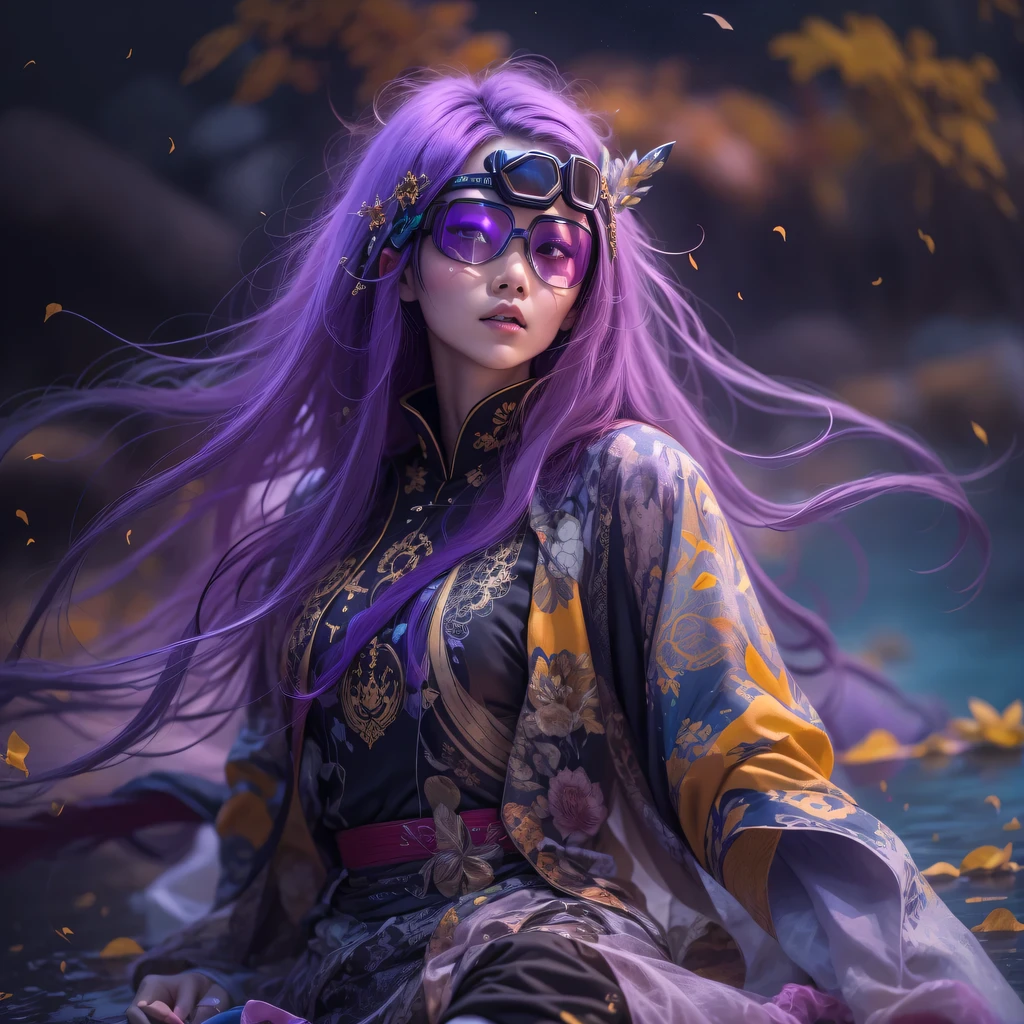 Chapter 3679 The Year of Cyberpunk（masterpiece，HD，超HD，32k lotus root starch）Bright purple flowing hair，autumn pond， lotus root starch color， Asian （Michiko）， （silk scarf）， fighting stance， looking at the colorful balloons， Orange gradient long hair， ((Thick frame reflective jade windproof goggles))Floating bright purple， Fire cloud gold headdress， Chinese long-sleeved gold silk garment， （Abstract ink splash：1.2），mars background，lotus（realistically：1.4），bright purple hair，Smoke on the road，The background is very ivory、pure， high resolution， Detailed wind protection goggles， RAW photos lotus root starch， Sharp Re， Nikon D850 film photo by Jefferies Lee 4 Kodak Portra 400 camera F1.6 guns, rich and colorful, Super real、Vivid texture, dramatic lighting, Unreal Engine Art Station Trend, Silicon Nest 800