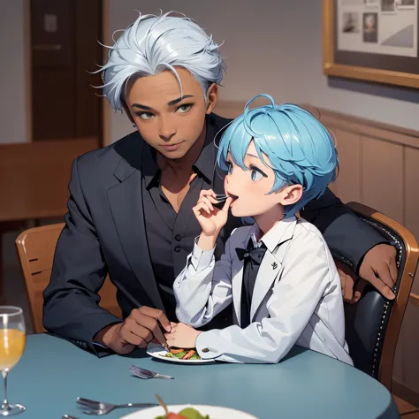 elder (middle aged, gray hair, sexually excited face, black skin, wearing a suit) and small  (boy, light blue hair, wearing idol...