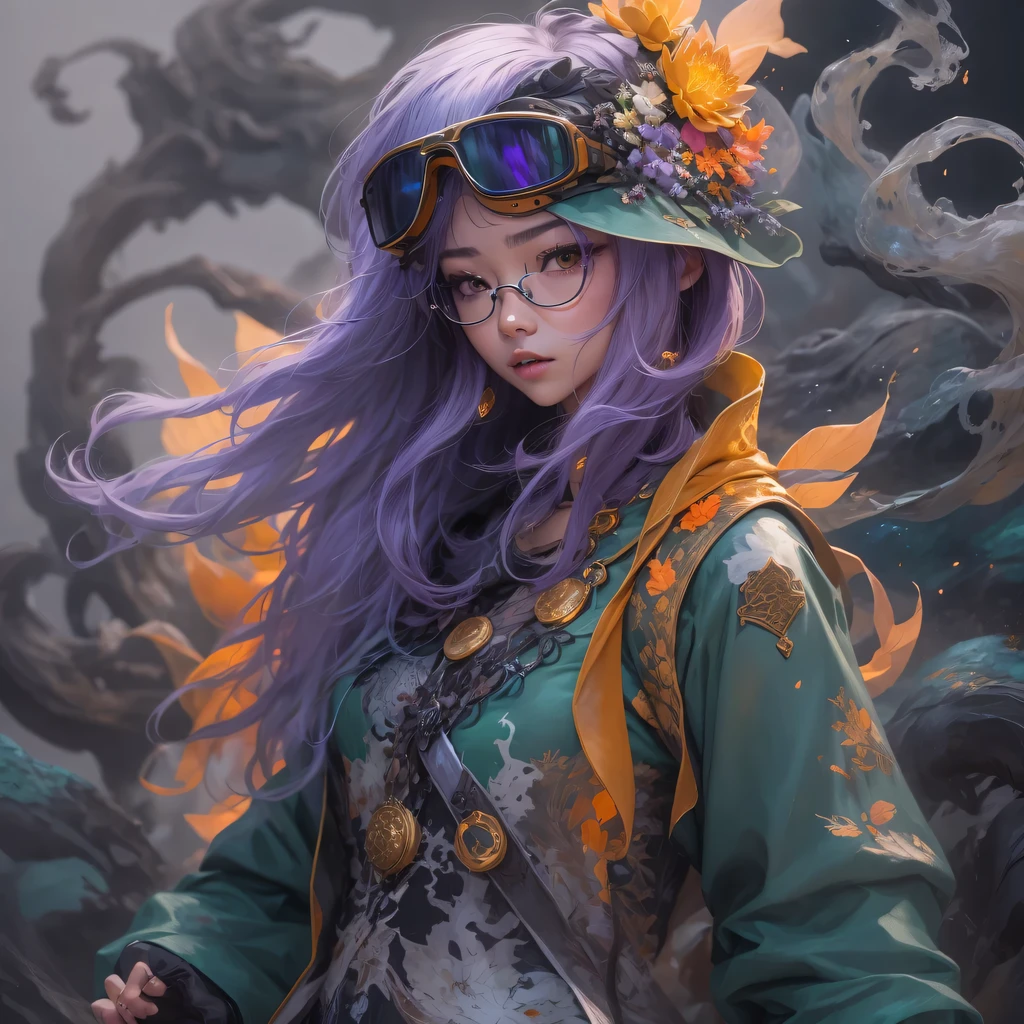 5679 Cyberpunk Year（masterpiece，HD，超HD，32k lotus root starch）Bright purple flowing hair，autumn pond， lotus root starch color， Asian （Michiko）， （silk scarf）， fighting stance， looking at the colorful balloons， Orange gradient long hair， ((Thick frame reflective jade windproof goggles))Floating bright purple， Fire cloud gold headdress， Chinese long-sleeved gold silk garment， （Abstract ink splash：1.2），mars background，lotus（realistically：1.4），bright purple hair，Smoke on the road，The background is very ivory、pure， high resolution， Detailed wind protection goggles， RAW photos lotus root starch， Sharp Re， Nikon D850 film photo by Jefferies Lee 4 Kodak Portra 400 camera F1.6 guns, rich and colorful, Super real、Vivid texture, dramatic lighting, Unreal Engine Art Station Trend, Silicon Nest 800