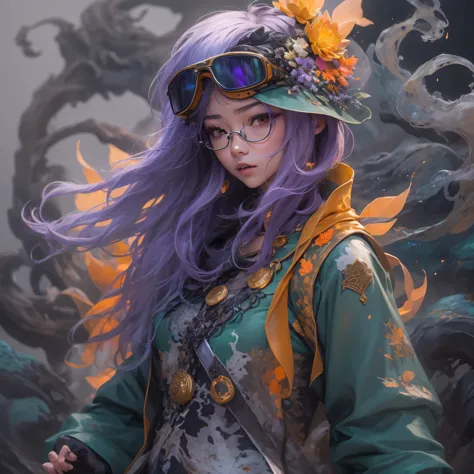 5679 Cyberpunk Year（masterpiece，HD，超HD，32k lotus root starch）Bright purple flowing hair，autumn pond， lotus root starch color， As...
