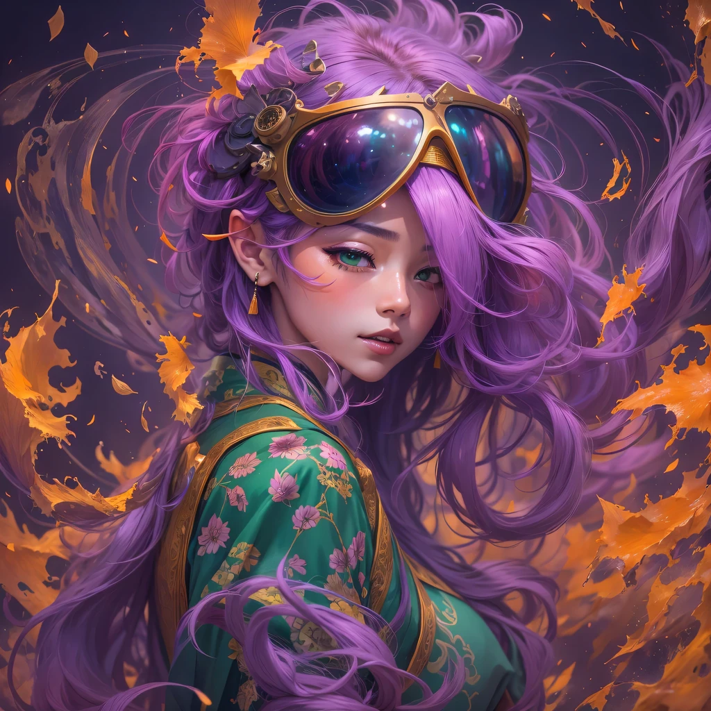 Chapter 3679 The Year of Cyberpunk（masterpiece，HD，超HD，32k lotus root starch）Bright purple flowing hair，autumn pond， lotus root starch color， Asian （Michiko）， （silk scarf）， fighting stance， looking at the colorful balloons， Orange gradient long hair， ((Thick frame reflective jade windproof goggles))Floating bright purple， Fire cloud gold headdress， Chinese long-sleeved gold silk garment， （Abstract ink splash：1.2），mars background，lotus（realistically：1.4），bright purple hair，Smoke on the road，The background is very ivory、pure， high resolution， Detailed wind protection goggles， RAW photos lotus root starch， Sharp Re， Nikon D850 film photo by Jefferies Lee 4 Kodak Portra 400 camera F1.6 guns, rich and colorful, Super real、Vivid texture, dramatic lighting, Unreal Engine Art Station Trend, Silicon Nest 800