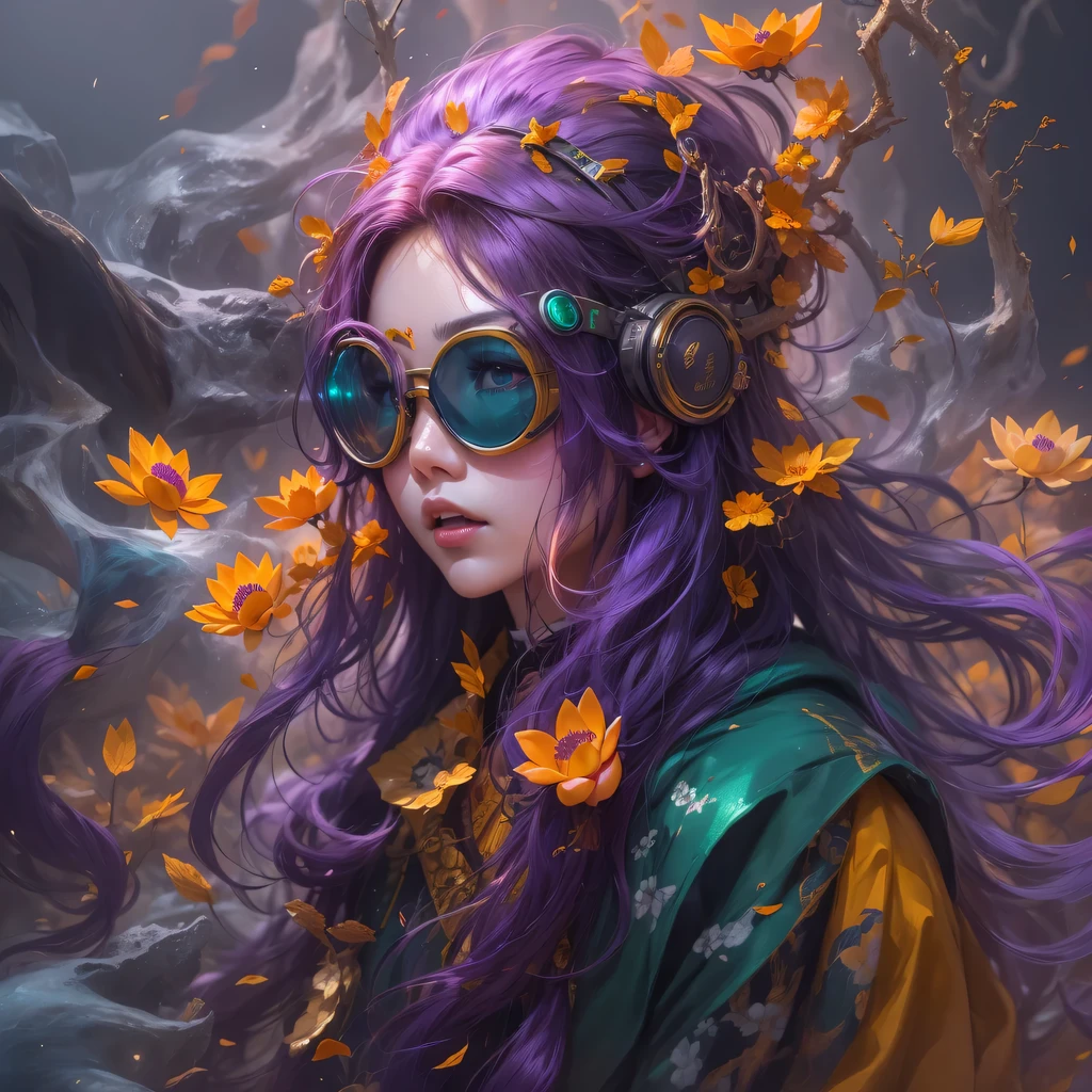 3679 BC cyberpunk year（masterpiece，HD，超HD，32k lotus root starch）Bright purple flowing hair，autumn pond， lotus root starch color， Asian （Michiko）， （silk scarf）， fighting stance， looking at the colorful balloons， Orange gradient long hair， ((Thick frame reflective jade windproof goggles))Floating bright purple， Fire cloud gold headdress， Chinese long-sleeved gold silk garment， （Abstract ink splash：1.2），mars background，lotus（realistically：1.4），bright purple hair，Smoke on the road，The background is very ivory、pure， high resolution， Detailed wind protection goggles， RAW photos lotus root starch， Sharp Re， Nikon D850 film photo by Jefferies Lee 4 Kodak Portra 400 camera F1.6 guns, rich and colorful, Super real、Vivid texture, dramatic lighting, Unreal Engine Art Station Trend, Silicon Nest 800