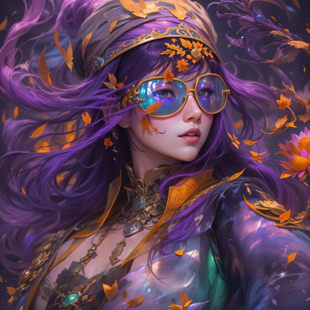 3679 BC cyberpunk year（masterpiece，HD，超HD，32k lotus root starch）Bright purple flowing hair，autumn pond， lotus root starch color， Asian （Michiko）， （silk scarf）， fighting stance， looking at the colorful balloons， Orange gradient long hair， ((Thick frame reflective jade windproof goggles))Floating bright purple， Fire cloud gold headdress， Chinese long-sleeved gold silk garment， （Abstract ink splash：1.2），mars background，lotus（realistically：1.4），bright purple hair，Smoke on the road，The background is very ivory、pure， high resolution， Detailed wind protection goggles， RAW photos lotus root starch， Sharp Re， Nikon D850 film photo by Jefferies Lee 4 Kodak Portra 400 camera F1.6 guns, rich and colorful, Super real、Vivid texture, dramatic lighting, Unreal Engine Art Station Trend, Silicon Nest 800