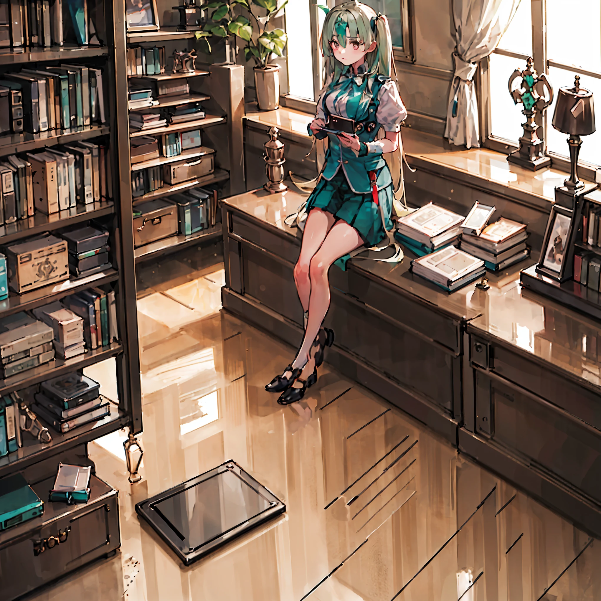 ((masterpiece,highest quality))1 girl, alone, bookshelf, pile of books, Suzuno, indoors, hair ornaments, 