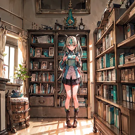 ((masterpiece,highest quality))1 girl, alone, bookshelf, pile of books, suzuno, indoors, hair ornaments,