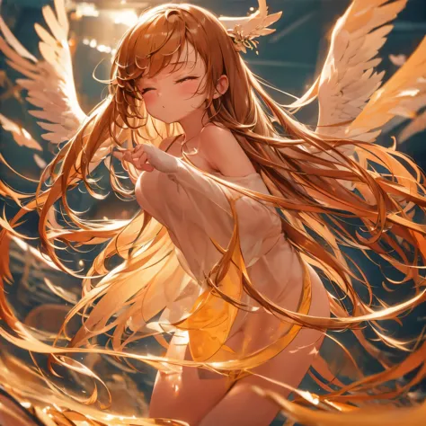 Young angel girl, chibi, floating with her arms spread out, eyes closed, straight face, long flowing hair, big angel wings framing her, warm golden light backlighting her, heavy shadows over face, orange yellow glowing behind girl, fluffy clouds frame her,...