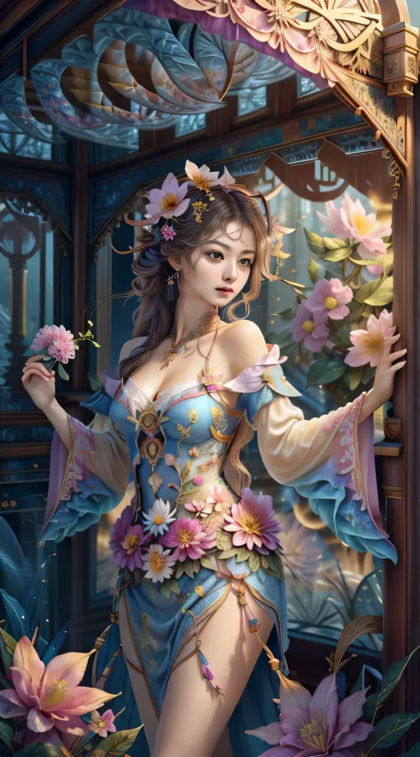 (masterpiece, top quality, Best quality, Official art, beautiful and aesthetically pleasing: 1.2), (1 flower), oriental young wo...