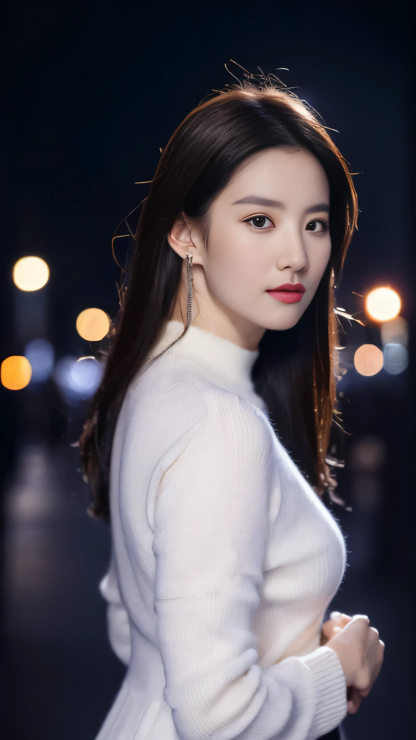 ((realistic lighting, highest quality, 8K, masterpiece:1.3)), sharp focus:1.2, 1 girl, beautiful woman with perfect figure:1.4, slim abs:1.1, ((dark brown hair)), (white sweater，Short black dress:1.4）,（exterior，in the middle of the night：1.1），city street，Extra-fine face，fine eyes，double eyelid，