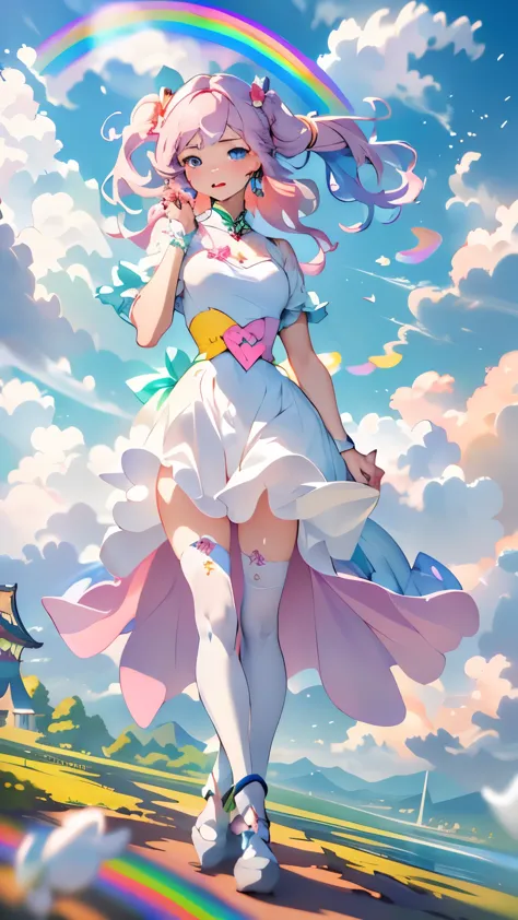 (((Floating in the sky:1.2、one girl、Stand on the clouds)))、Magical girl、Pastel clouds、perfect anatomy、small face、small nose、plum...
