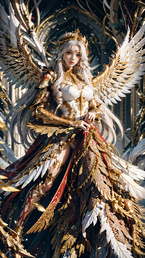 it depicts a beautiful woman flying full body with large wings in intricate red and gold armor. the armor is highly detailed and...