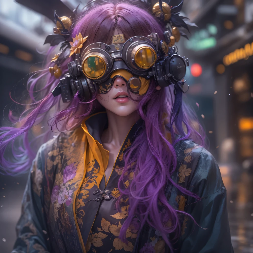 3679 BC cyberpunk year（masterpiece，HD，超HD，32k lotus root starch）Bright purple flowing hair，autumn pond， lotus root starch color， Asian （Michiko）， （silk scarf）， fighting stance， looking at the colorful balloons， Orange gradient long hair， ((Thick frame reflective jade windproof goggles))Floating bright purple， Fire cloud gold headdress， Chinese long-sleeved gold silk garment， （Abstract ink splash：1.2），mars background，lotus（realistically：1.4），bright purple hair，Smoke on the road，The background is very ivory、pure， high resolution， Detailed wind protection goggles， RAW photos lotus root starch， Sharp Re， Nikon D850 film photo by Jefferies Lee 4 Kodak Portra 400 camera F1.6 guns, rich and colorful, Super real、Vivid texture, dramatic lighting, Unreal Engine Art Station Trend, Silicon Nest 800