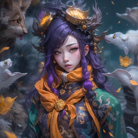 3679 BC cyberpunk year（masterpiece，HD，超HD，32k lotus root starch）Bright purple flowing hair，autumn pond， lotus root starch color，...