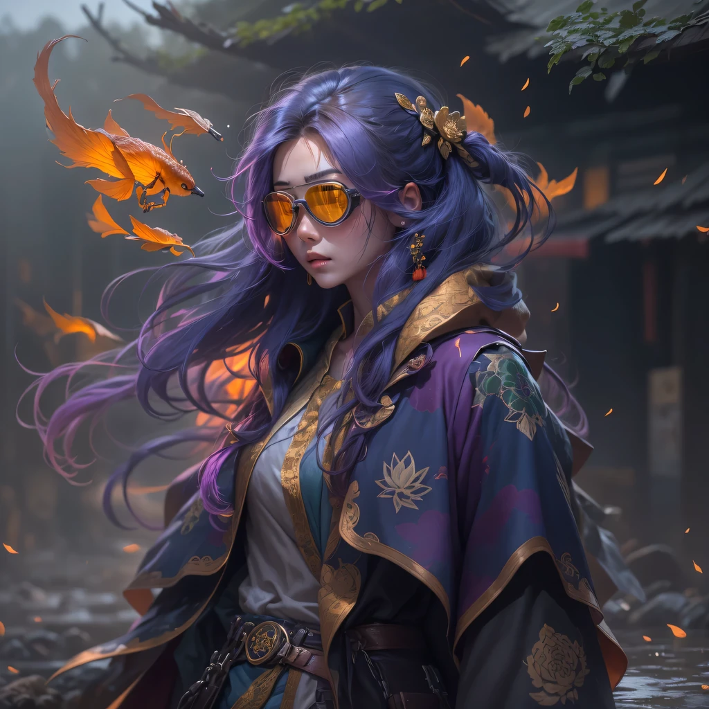 3679 BC cyberpunk year（masterpiece，HD，超HD，32k lotus root starch）Bright purple flowing hair，autumn pond， lotus root starch color， Asian （Michiko）， （silk scarf）， fighting stance， looking at the colorful balloons， Orange gradient long hair， ((Thick frame reflective jade windproof goggles))Floating bright purple， Fire cloud gold headdress， Chinese long-sleeved gold silk garment， （Abstract ink splash：1.2），mars background，lotus（realistically：1.4），bright purple hair，Smoke on the road，The background is very ivory、pure， high resolution， Detailed wind protection goggles， RAW photos lotus root starch， Sharp Re， Nikon D850 film photo by Jefferies Lee 4 Kodak Portra 400 camera F1.6 guns, rich and colorful, Super real、Vivid texture, dramatic lighting, Unreal Engine Art Station Trend, Silicon Nest 800