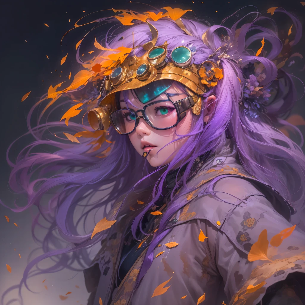 3679 BC cyberpunk year（masterpiece，HD，超HD，32k lotus root starch）Bright purple flowing hair，autumn pond， lotus root starch color， Asian （Michiko）， （silk scarf）， fighting stance， looking at the colorful balloons， Orange gradient long hair， ((Thick frame reflective jade windproof goggles))Floating bright purple， Fire cloud gold headdress， Chinese long-sleeved gold silk garment， （Abstract ink splash：1.2），mars background，lotus（realistically：1.4），bright purple hair，Smoke on the road，The background is very ivory、pure， high resolution， Detailed wind protection goggles， RAW photos lotus root starch， Sharp Re， Nikon D850 film photo by Jefferies Lee 4 Kodak Portra 400 camera F1.6 guns, rich and colorful, Super real、Vivid texture, dramatic lighting, Unreal Engine Art Station Trend, Silicon Nest 800