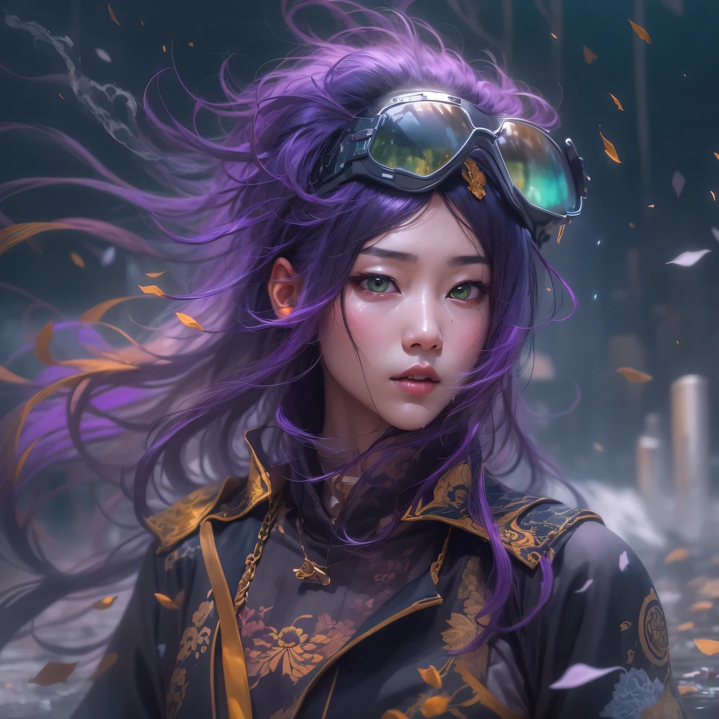 3679 BC cyberpunk year（masterpiece，HD，超HD，32k lotus root starch）Bright purple flowing hair，autumn pond， lotus root starch color， Asian （Michiko）， （silk scarf）， fighting stance， looking at the colorful balloons， Orange gradient long hair， ((Thick frame reflective jade windproof goggles))Floating bright purple， Fire cloud gold headdress， Chinese long-sleeved gold silk garment， （Abstract ink splash：1.2），mars background，lotus（realistically：1.4），bright purple hair，Smoke on the road，The background is very ivory、pure， high resolution， Detailed wind protection goggles， RAW photos lotus root starch， Sharp Re， Nikon D850 film photo by Jefferies Lee 4 Kodak Portra 400 camera F1.6 guns, rich and colorful, Super real、Vivid texture, dramatic lighting, Unreal Engine Art Station Trend, Silicon Nest 800