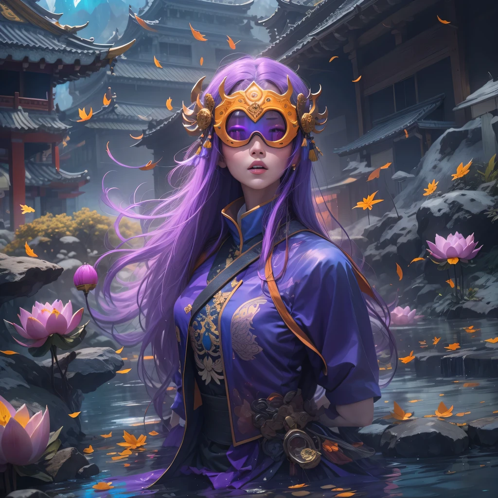 3679 BC cyberpunk year（masterpiece，HD，超HD，32k lotus root starch）Bright purple flowing hair，autumn pond， lotus root starch color， Asian （Michiko）， （silk scarf）， fighting stance， looking at the colorful balloons， Orange gradient long hair， ((Thick frame reflective jade windproof goggles))Floating bright purple， Fire cloud gold headdress， Chinese long-sleeved gold silk garment， （Abstract ink splash：1.2），mars background，lotus（realistically：1.4），bright purple hair，Smoke on the road，The background is very ivory、pure， high resolution， Detailed wind protection goggles， RAW photos lotus root starch， Sharp Re， Nikon D850 film photo by Jefferies Lee 4 Kodak Portra 400 camera F1.6 guns, rich and colorful, Super real、Vivid texture, dramatic lighting, Unreal Engine Art Station Trend, Silicon Nest 800