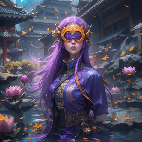 3679 BC cyberpunk year（masterpiece，HD，超HD，32k lotus root starch）Bright purple flowing hair，autumn pond， lotus root starch color，...