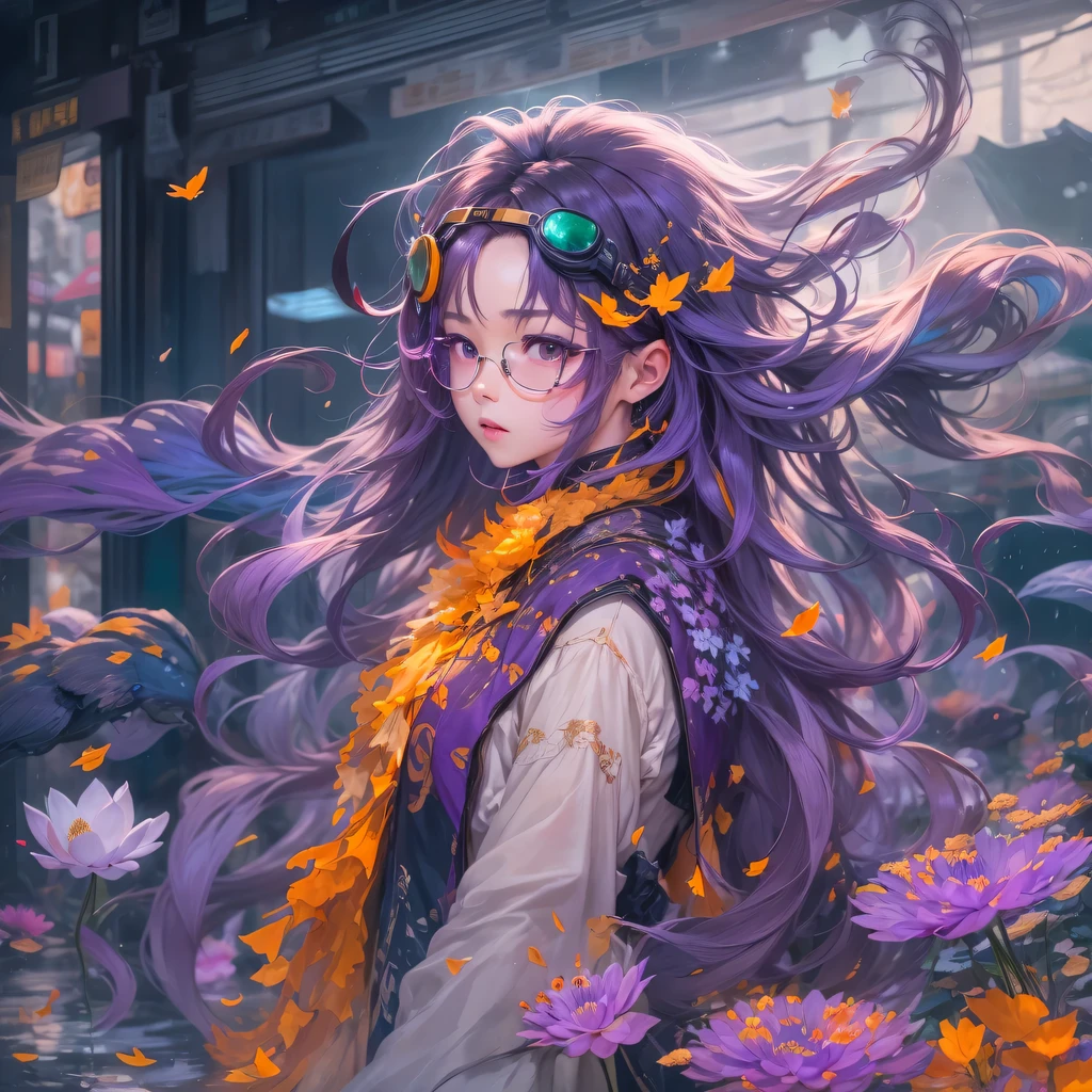 3679 BC cyberpunk year（masterpiece，HD，超HD，32k lotus root starch）Bright purple flowing hair，autumn pond， lotus root starch color， Asian （Michiko）， （silk scarf）， fighting stance， looking at the colorful balloons， Orange gradient long hair， ((Thick frame reflective jade windproof goggles))Floating bright purple， Fire cloud gold headdress， Chinese long-sleeved gold silk garment， （Abstract ink splash：1.2），mars background，lotus（realistically：1.4），bright purple hair，Smoke on the road，The background is very ivory、pure， high resolution， Detailed wind protection goggles， RAW photos lotus root starch， Sharp Re， Nikon D850 film photo by Jefferies Lee 4 Kodak Portra 400 camera F1.6 guns, rich and colorful, Super real、Vivid texture, dramatic lighting, Unreal Engine Art Station Trend, Silicon Nest 800