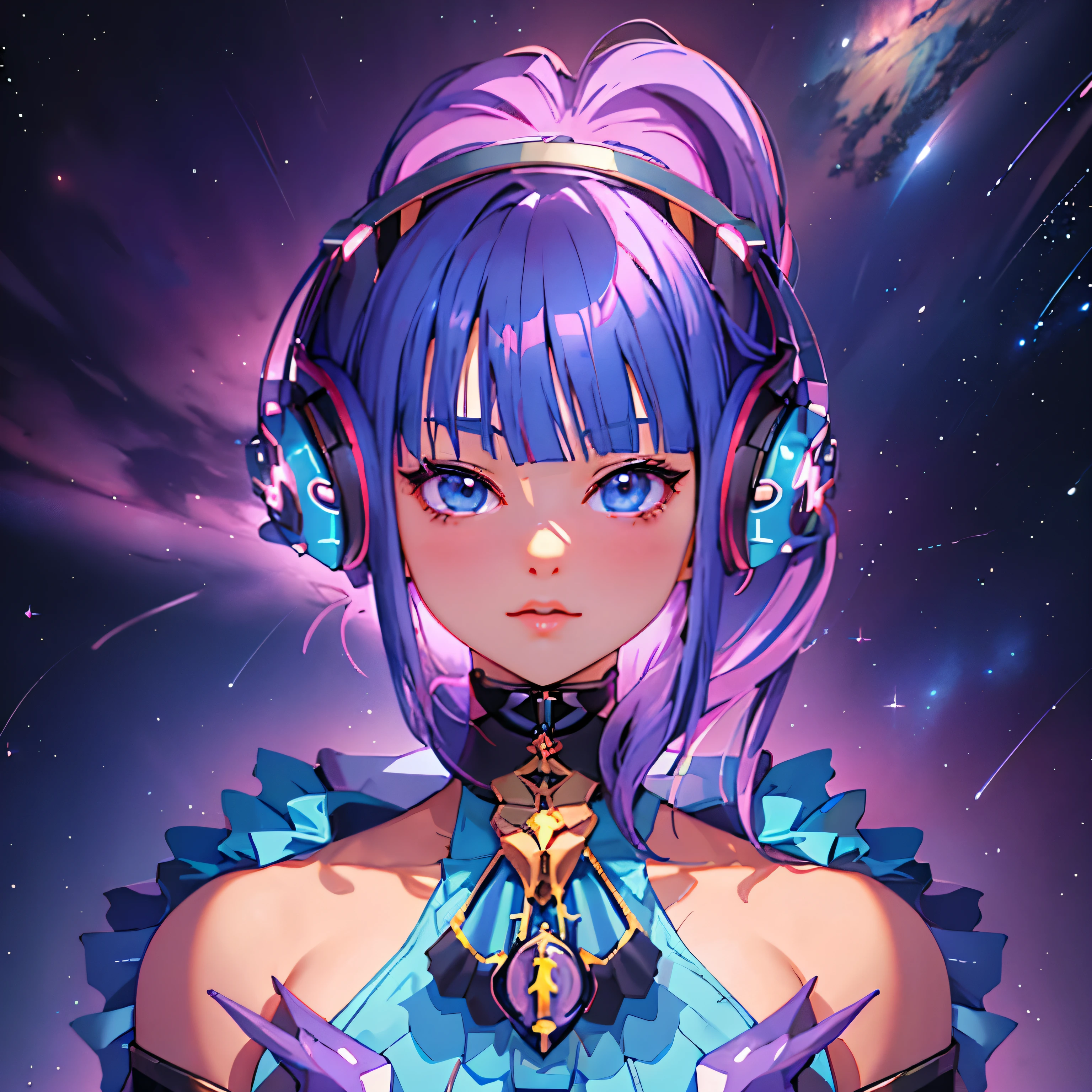 Primer plano de una persona con auriculares y un vestido, Caballero Del Zodiaco Chica Retrato, Modelo de Youtuber Virtual Live2D, mujer cyborg anime perfecta, perfect android girl, lo niego, retrato anime chica cadete espacial, Estilo de arte anime Moe, ilustración de anime digital, Futura chica anime, Producido en Anime Artist Studio, Chica anime con cabello espacial., personaje animado