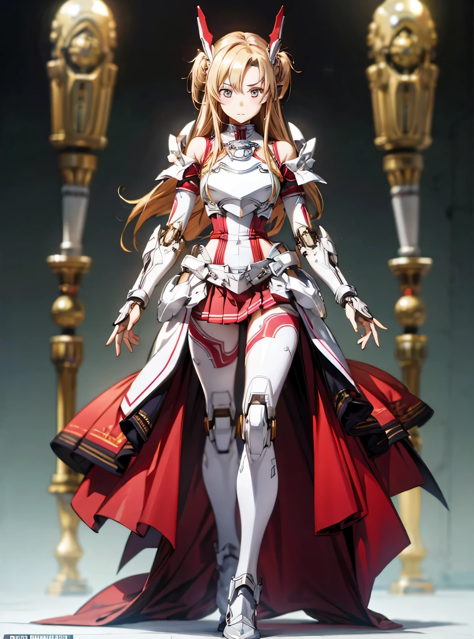 highest quality、unity 8k wallpaper、32K、masterpiece、Super detailed、ultra high resolution、ultra high resolution、android yuuki asuna、Blood Alliance Knight、Androidization、robot girl、Red molded armor and dress on a white background、mechanical limbs、mecha musume、mechanical parts、複雑に表現されたスーパーrobot joints、robot joints、robot fingertips、single mechanical arm、mechanical arm、headgear、headset、Complex mechanical bodies、Mechanical corset covered with dense armor.、stiletto heels、Realistic and complex camera eye、A complex fusion of body and machine、Legs covered in white and red armor、robot knee joint、mechanical fingers、Eyes like a mechanical camera、anatomically accurate machine、The whole body is covered with machines、covered in red and white armor、beautiful posture、upright、princess half up hairstyle、red pleated skirt、Thighs peeking out from the skirt、robot fingertips、abdomen covered with intricate armor、