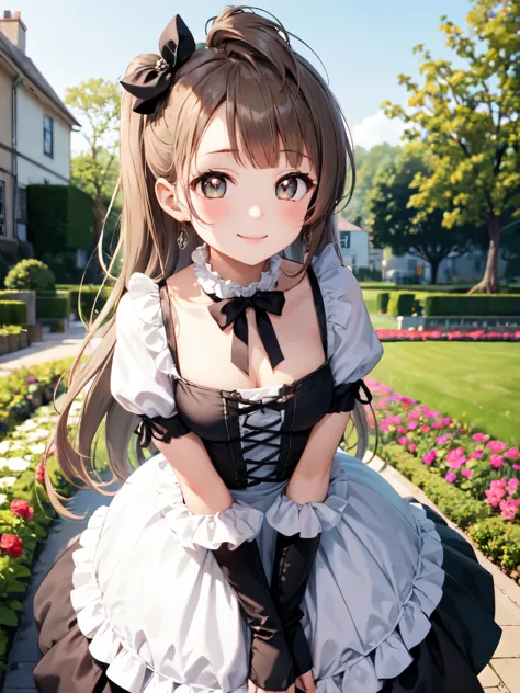 highest quality、leaning forward,place your arms behind your back、 [3D images:1.15]、garden、全体的にlong hair、1 girl, smile, Kotori, l...