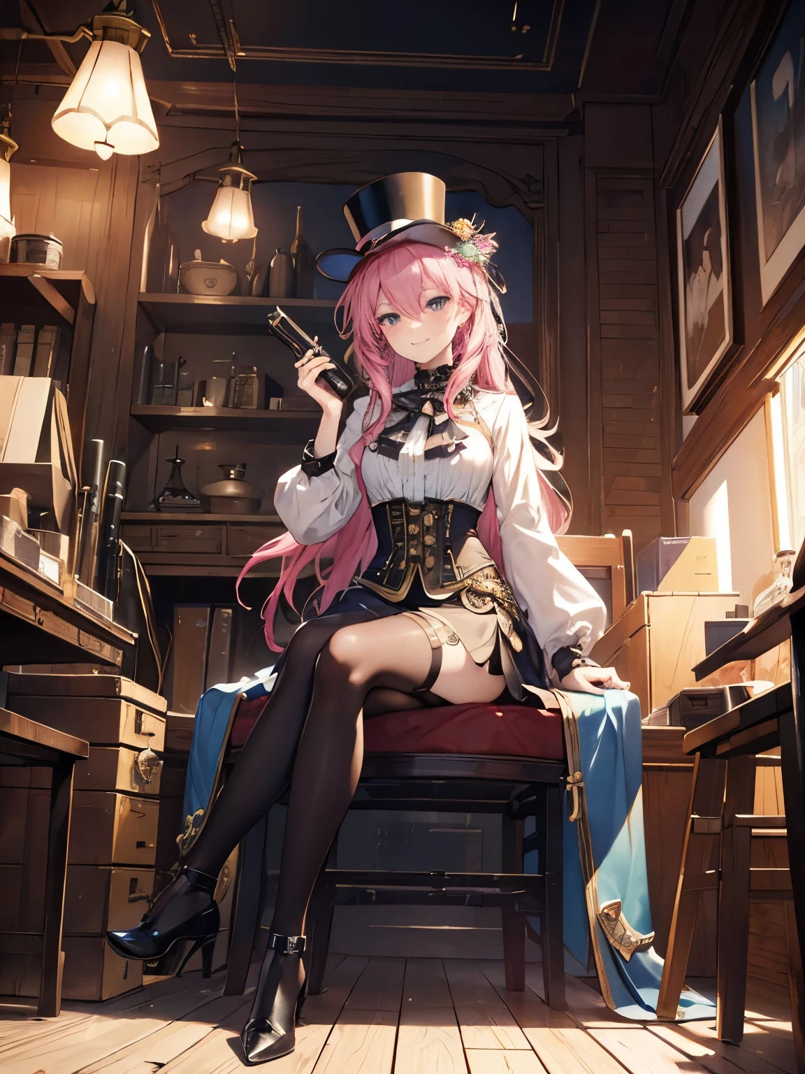 ((masterpiece, of highest quality)), detailed face, beautiful face, beautiful eyes， full bodyビアン, full of details, Work in the workshop, using a rifle, rifle referente a steampunk, very detailed, depth, many parts，beautiful girl with pink hair，with messy hair，long pink hair，disease，white student，legs are very thin，long legs, blue tab, steampunk, ファッションsteampunk, full body, Abrigo de Camarero, High neck blouse, top hat with mechanical gear, brass accents, Small Leather Goods ,expensive and expensive，delgado, 8K, surreal, official art, Glamour, bit, ambroso, oil on canvas, brush stroke, kind, Ultra high definition, 8K, unreal engine 5, super sharp focus,, types of bacteria, Reusch, nffsw, 緻密な芸術のmasterpiece, Unlucky, matte paint movie poster, golden ratio, Trends in CG society, complicated, Spectacular, Art station trends, very detailed, lively, production cinematic character rendering, Super high quality model,(((((naughty smile)))))