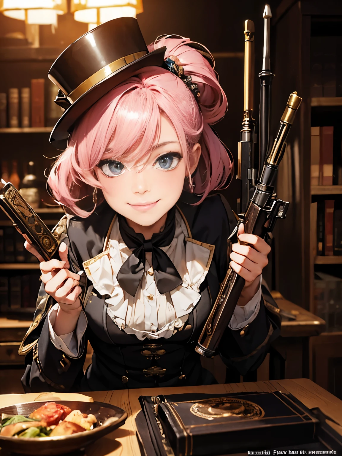 ((masterpiece, of highest quality)), detailed face, beautiful face, beautiful eyes， full bodyビアン, full of details, Work in the workshop, using a rifle, rifle referente a steampunk, very detailed, depth, many parts，beautiful girl with pink hair，with messy hair，long pink hair，disease，white student，legs are very thin，long legs, blue tab, steampunk, ファッションsteampunk, full body, Abrigo de Camarero, High neck blouse, top hat with mechanical gear, brass accents, Small Leather Goods ,expensive and expensive，delgado, 8K, surreal, official art, Glamour, bit, ambroso, oil on canvas, brush stroke, kind, Ultra high definition, 8K, unreal engine 5, super sharp focus,, types of bacteria, Reusch, nffsw, 緻密な芸術のmasterpiece, Unlucky, matte paint movie poster, golden ratio, Trends in CG society, complicated, Spectacular, Art station trends, very detailed, lively, production cinematic character rendering, Super high quality model,(((((naughty smile)))))