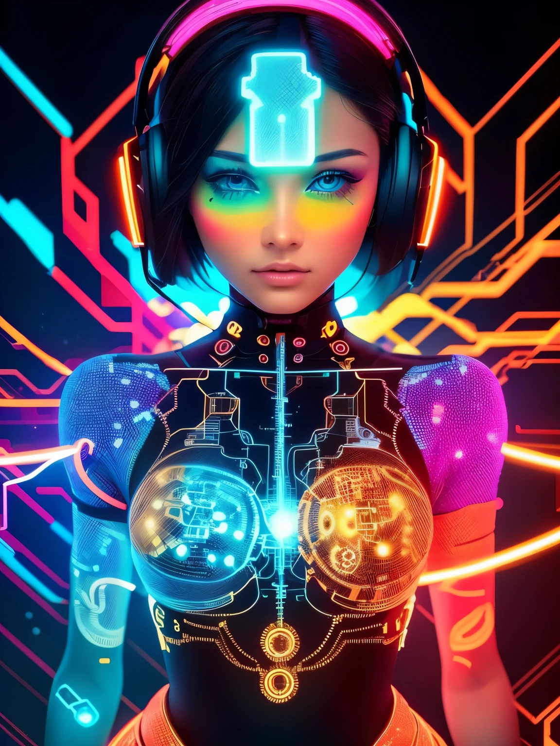 Images that show the beauty of artificial intelligence, Includes an impressive palette of vivid and captivating colors and overlapping symbols and circuits.