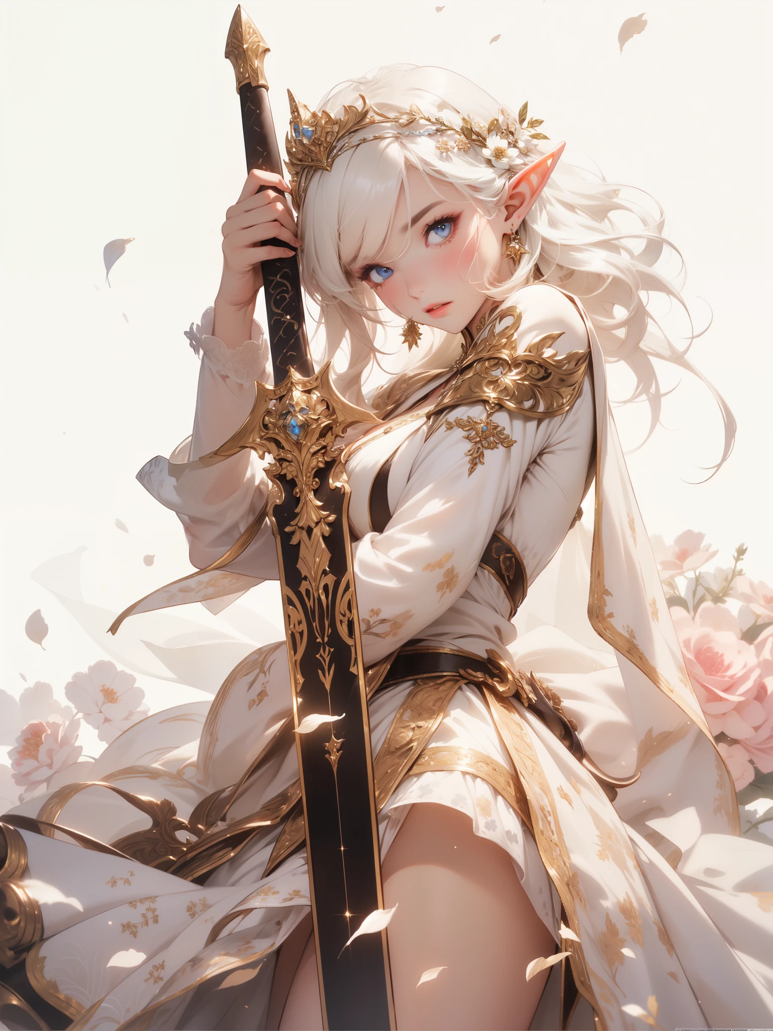 ((8k wallpaper of extremely detailed CG unit, ​masterpiece, hight resolution, top-quality, top-qualityのリアルテクスチャスキン)), (very beautiful and attractive elf queen), The elf queen, with an air of determination, draws her sword in a simple yet elegant setting adorned with delicate flowers, her cream-colored dress adding a touch of regal grace to the scene, (messy, white shining hair, blue eyes, shining eyes, Plump lips, white-skinned, medium breast)