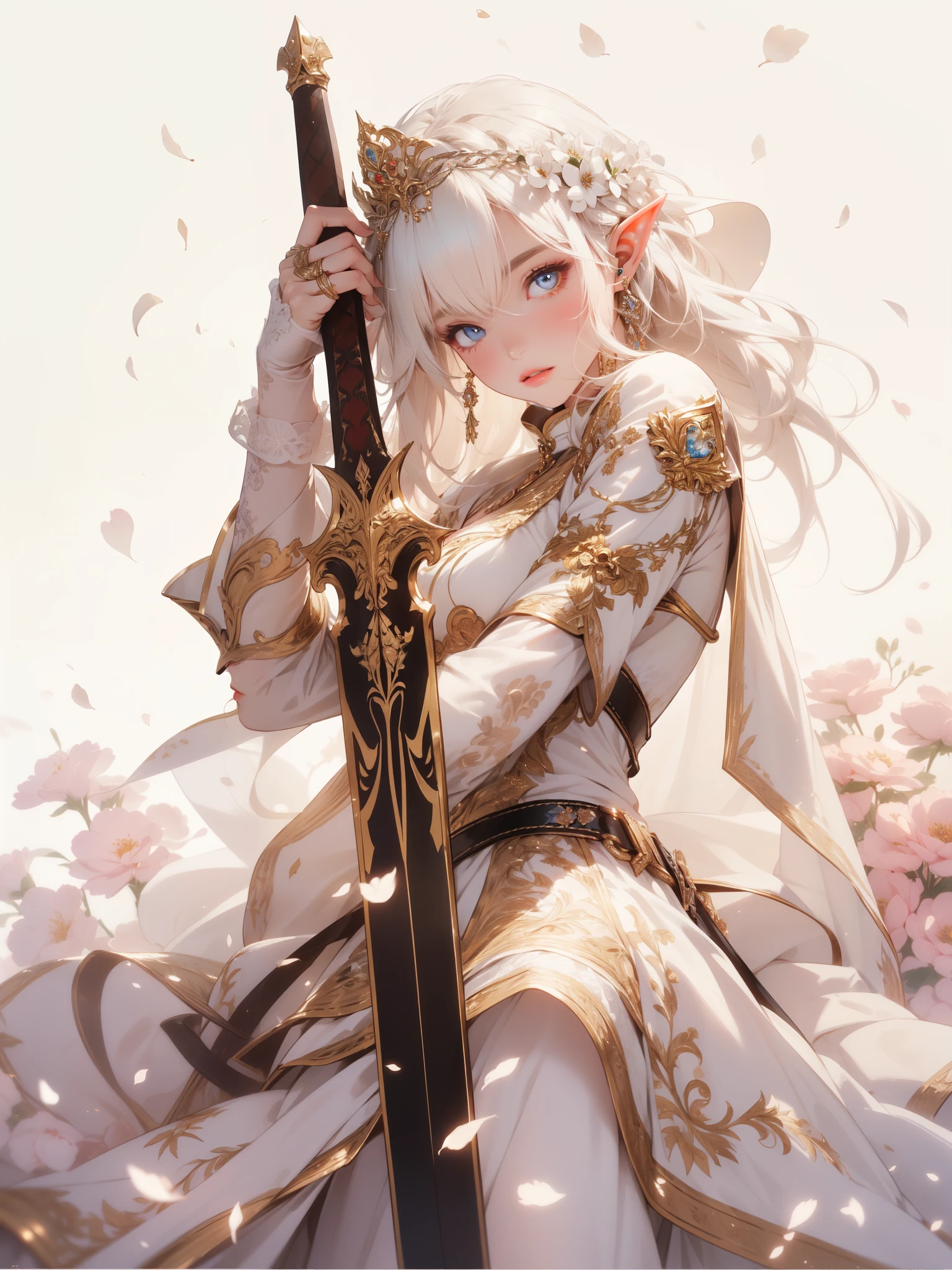 ((8k wallpaper of extremely detailed CG unit, ​masterpiece, hight resolution, top-quality, top-qualityのリアルテクスチャスキン)), (very beautiful and attractive elf queen), The elf queen, with an air of determination, draws her sword in a simple yet elegant setting adorned with delicate flowers, her cream-colored dress adding a touch of regal grace to the scene, (messy, white shining hair, blue eyes, shining eyes, Plump lips, white-skinned, medium breast), (detailed queen attire, dress gown), 