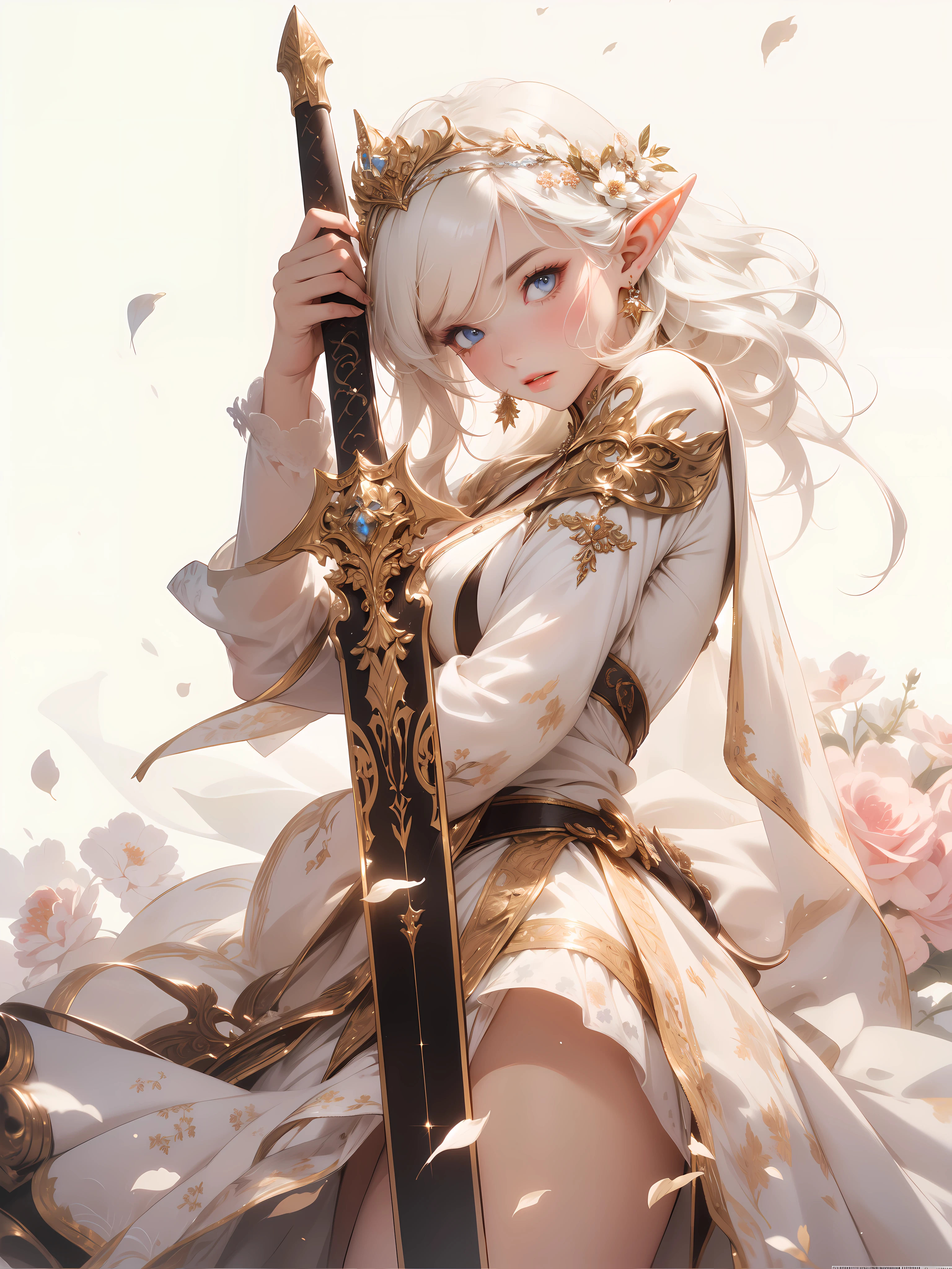 ((8k wallpaper of extremely detailed CG unit, ​masterpiece, hight resolution, top-quality, top-qualityのリアルテクスチャスキン)), (very beautiful and attractive elf queen), The elf queen, with an air of determination, draws her sword in a simple yet elegant setting adorned with delicate flowers, her cream-colored dress adding a touch of regal grace to the scene, (messy, white shining hair, blue eyes, shining eyes, Plump lips, white-skinned, medium breast)