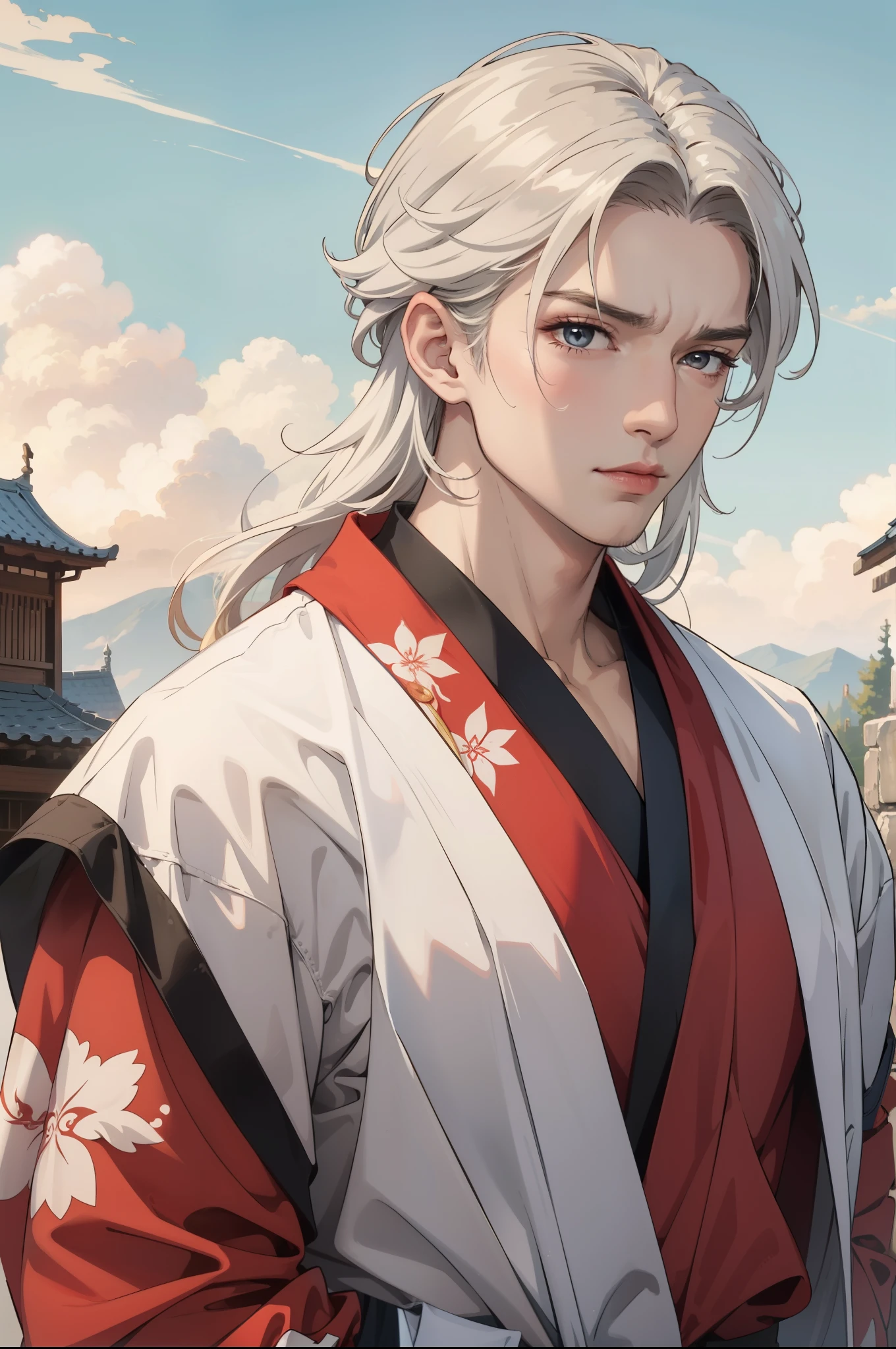  1guy, crimson dragon man with masculine features, long white hair, yukata, heterochromic eyes, white and red tetradic colors, perfect anatomy, 8k resolution, (Single person), masterpiece, perfectly drawn face, intricate details, castle detailed background, 32k, full lips, muscular guy, cinematic lighting, 