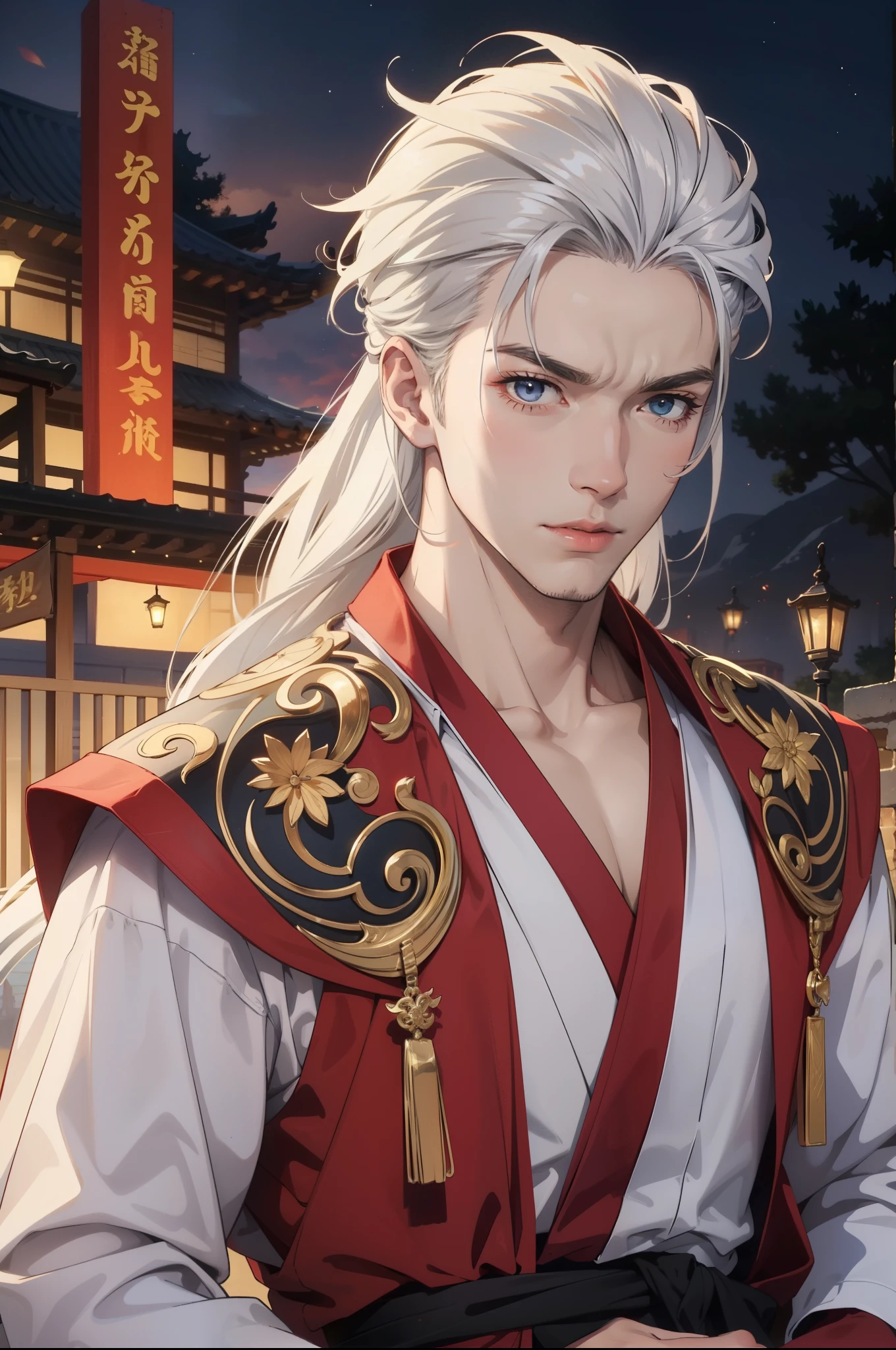  1guy, crimson dragon man with masculine features, long white hair, yukata, heterochromic eyes, white and red tetradic colors, perfect anatomy, 8k resolution, (Single person), masterpiece, perfectly drawn face, intricate details, castle detailed background, 32k, full lips, muscular guy, cinematic lighting, 