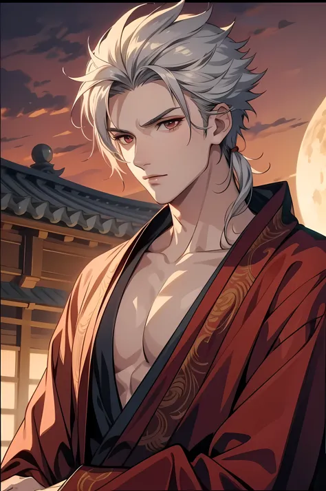 1guy, crimson dragon man with masculine features, long white hair, yukata, heterochromic eyes, white and red tetradic colors, pe...