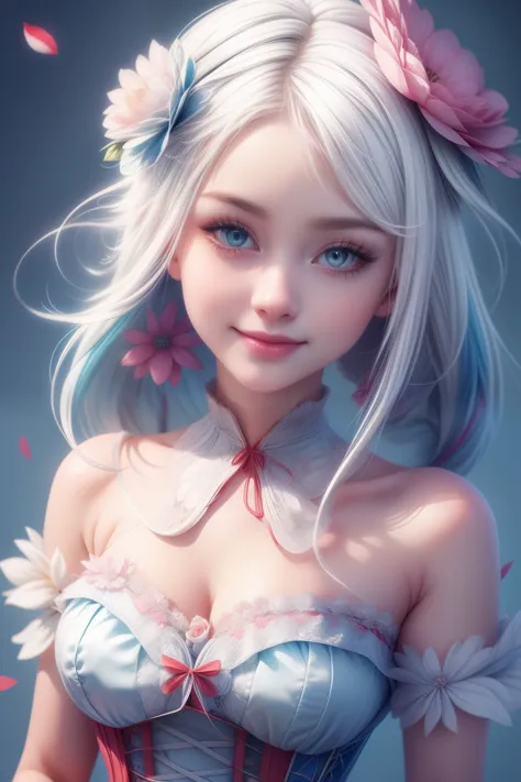 (1 cute girl), (white hair), grey eyes, wearing a beautiful light blue lace dress. White skin, flower art background, eye_detail...