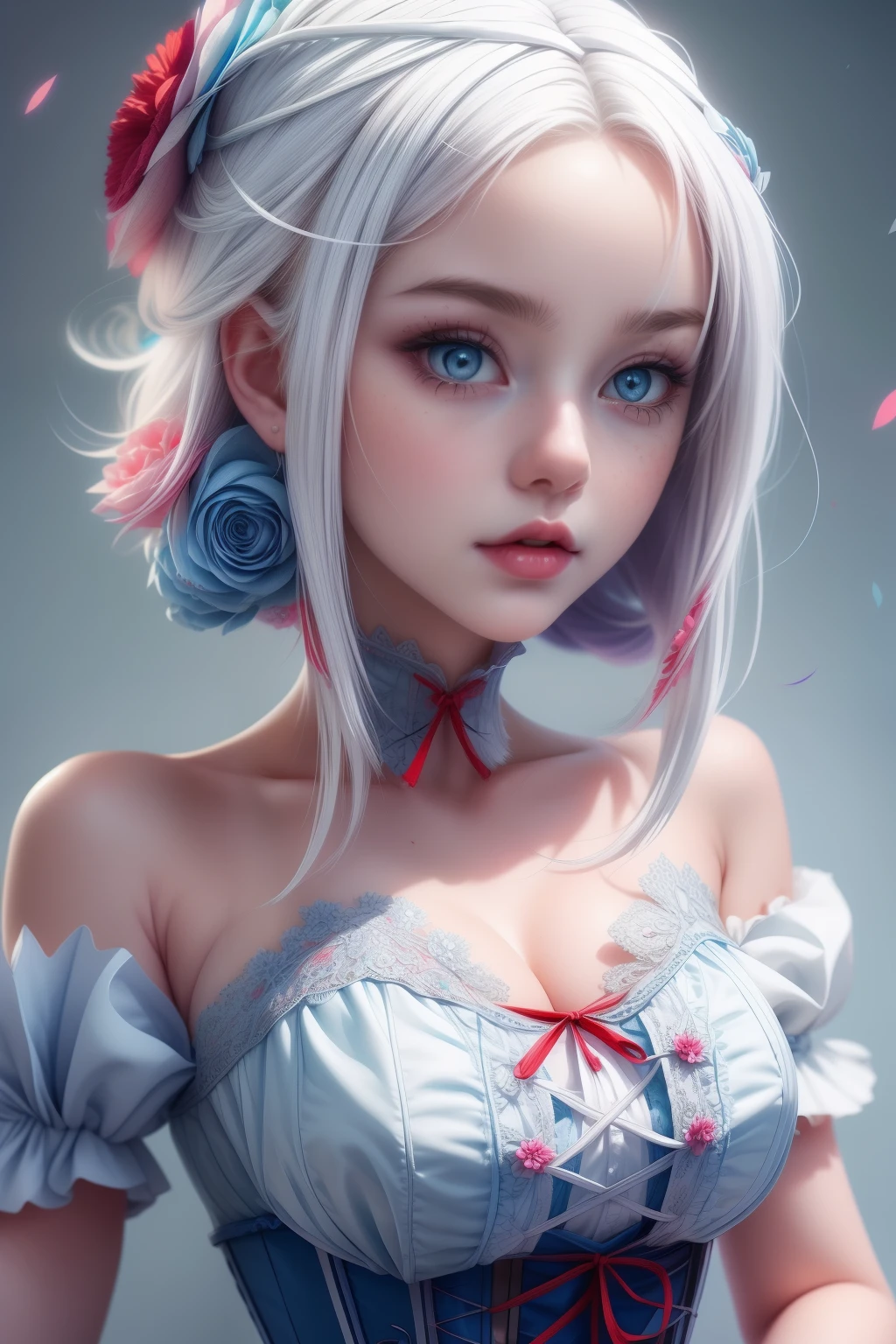 (1 cute girl), (white hair), grey eyes, wearing a beautiful baby blue lace dress. White skin, splat art background, eye_detail, multi coloured background_detail, face_detail, hair_detail with red flower, more_detail, add_detail, add detailed, cute_face, corset, (upper body shot), posing