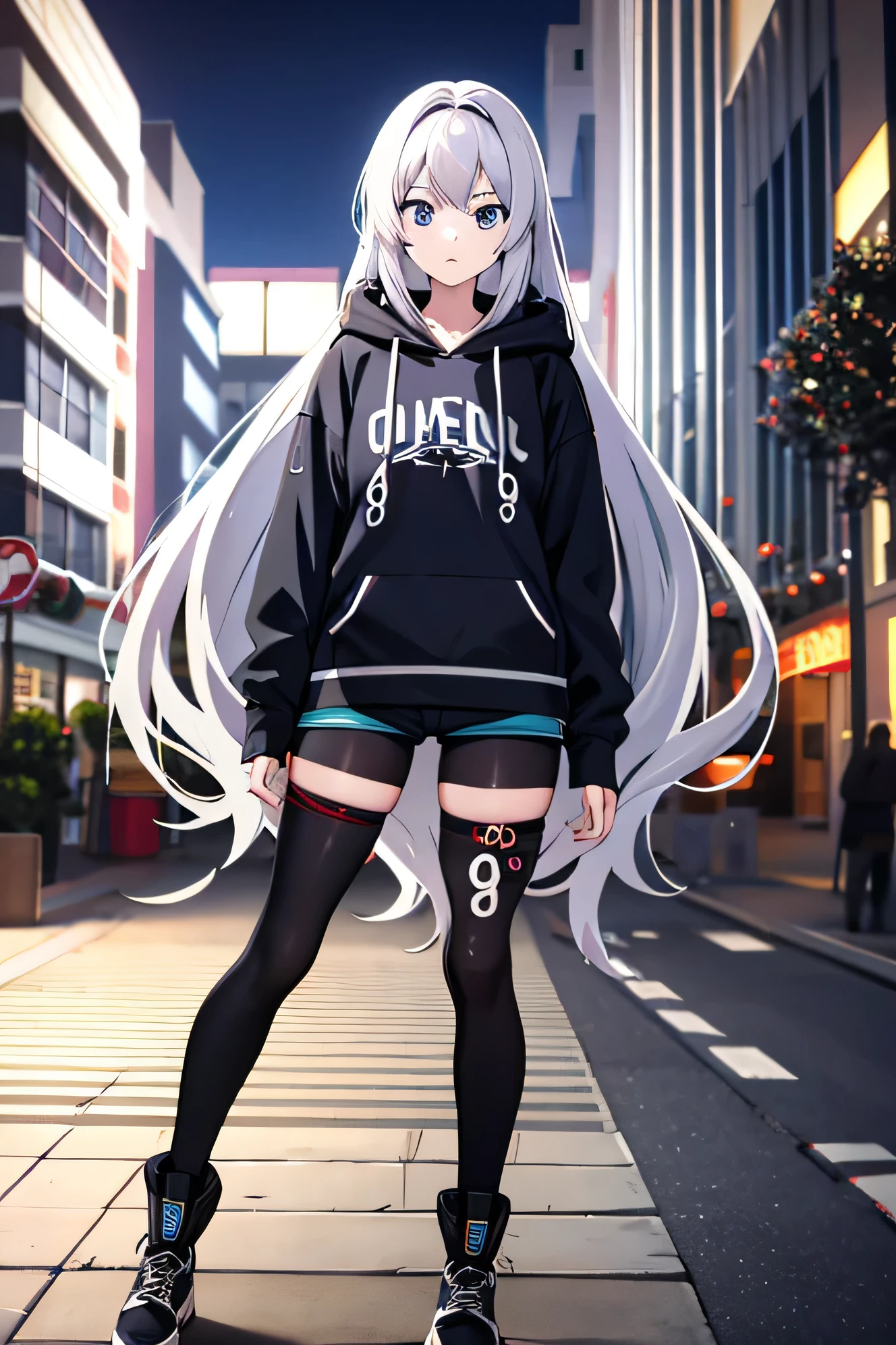 Anime girl in black hoodie and thigh high socks standing on sidewalk -  SeaArt AI