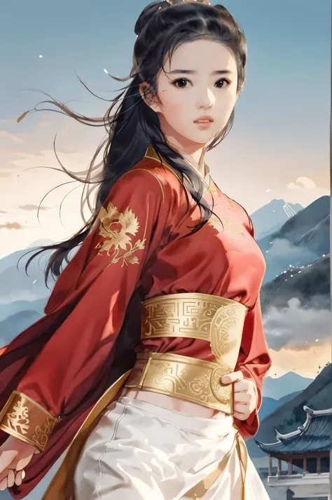 liuyifei, portrait of 1girl, Solo, red shirt, Chinese armor, flat chest, kangfu pose, chinese landscape, Simple background, (whi...