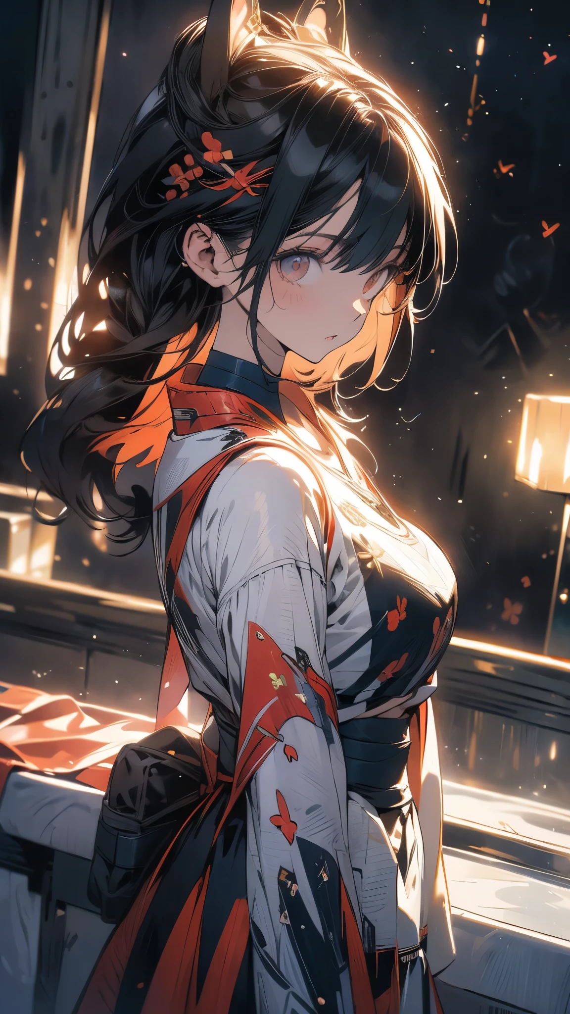 asunayuuki, orange hair， With two shining swords, White combat uniform, Red strokes that simulate the speed of the character, Battle mode, (ultrarealistic), {Extremely detailed CG unit wallpaper 8k}, Vast landscape photos, (A central vision that prioritizes the whole character, (open field view), (Low-angle shot), (stand out: 1.5), (low illuminance: 1.0), (warm light source: 1.0), intricate details, (iridescent colors: 1.5), (bright illumination), (Atmospheric Illumination), sword art online, Dreamy, anime, review, black lagoon
