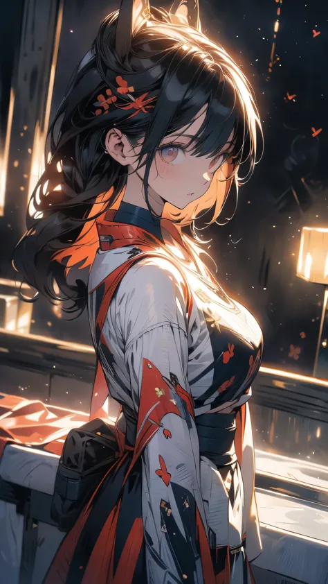 asunayuuki, cabello color naranja， Con dos espadas resplandecientes, Uniforme blanco de combate, Trazos rojos que simulan la vel...
