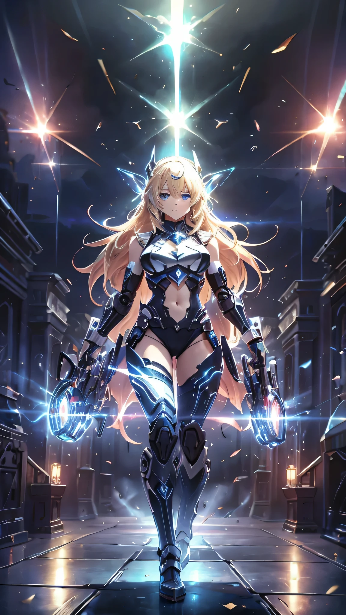 最high quality、best image quality、masterpiece、Android Girl((Robot body、20-year-old、 By becoming、vest bust、medium bust,wide open breast tea、black eye, blonde hair、long hair、thin,highest valley、glowing battle uniform、elationのある動き、Leaning forward heavily、Feeling of sprinting、glowing head visor、carry two handguns)),high quality、beautiful art、background((huge hall venue、high speed、Red laser))、debris flies、書かれた境界のdepth、movie、visual art、perfect art、8K,genuine、elation、Dynamic expression(1:2)、elation、depth((big explosion))