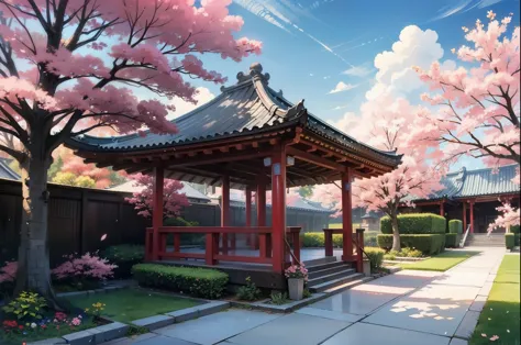 painting of a whimsical wuxia palace, small colorful cherry blossoms, sunkissed lighting, rainy day, beautiful art uhd 8k, a bea...