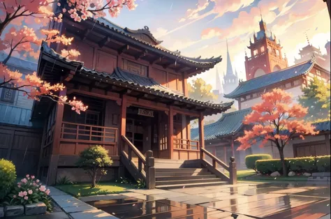 painting of a whimsical wuxia palace, small colorful cherry blossoms, sunkissed lighting, rainy day, beautiful art uhd 8k, a bea...