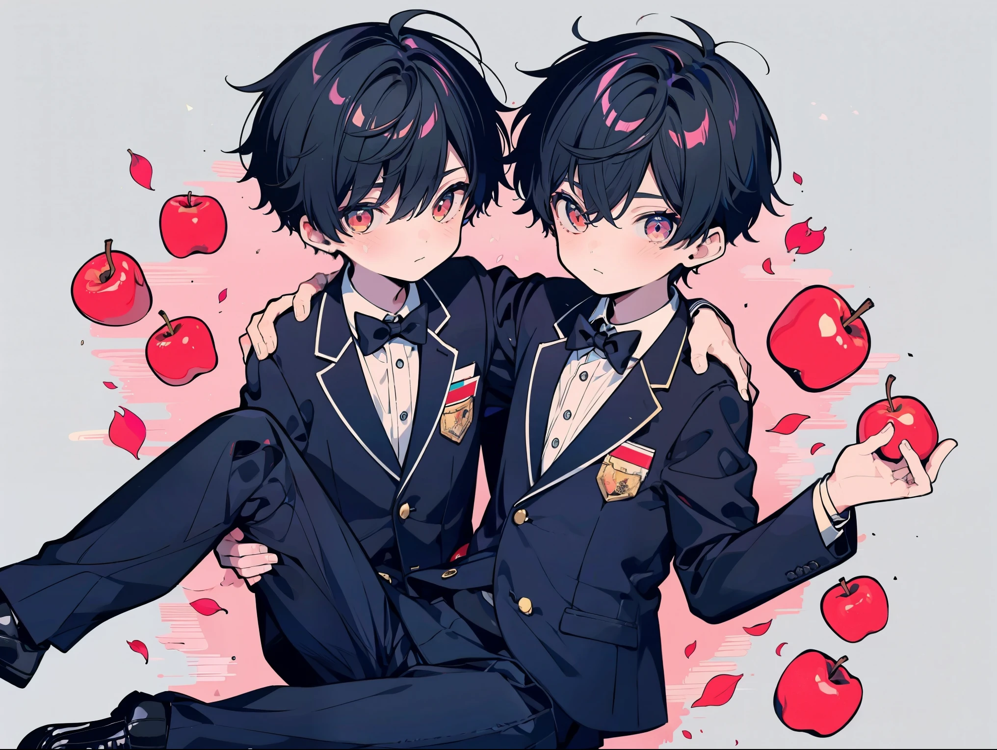 Anime boy and girl in suits sitting on the ground with apples - SeaArt AI