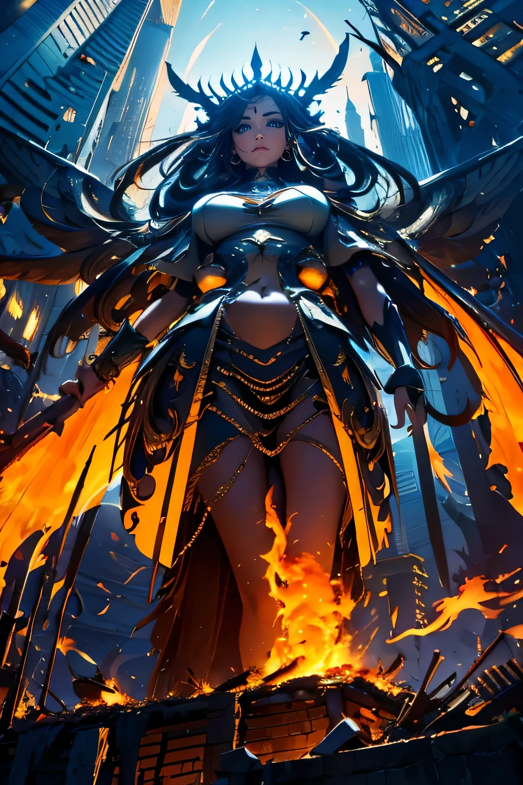 destroyed city, angle from below, (200 meter tall huge goddess floating, emits light from all over the body, last judgment, light-orange flame, lost iris, drooping eyes, realistic skin), 